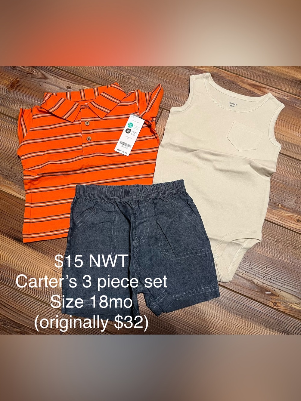 Carter's 3 Piece Set Bodysuit Shorts Polo 100% cotton 18 months